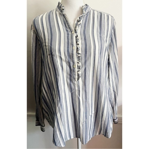 Loft • Striped Ruffle Henley Blouse Blue Cream - Picture 1 of 5